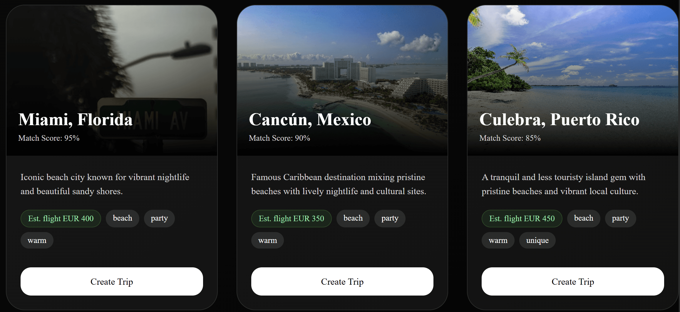 TravelAI discovery results with destination cards and match scores