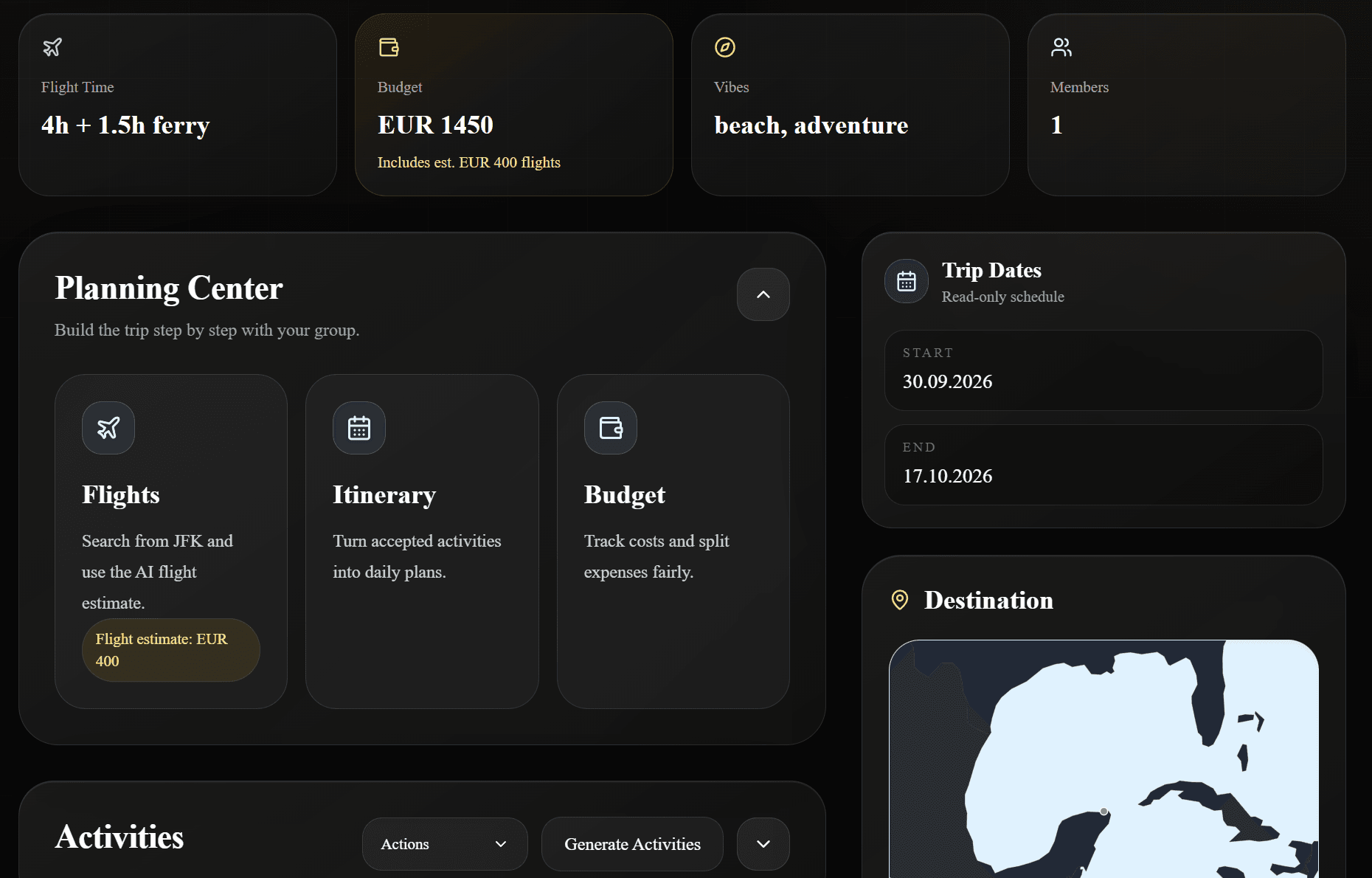 TravelAI trip workspace with planning center, dates, activities and budget cards
